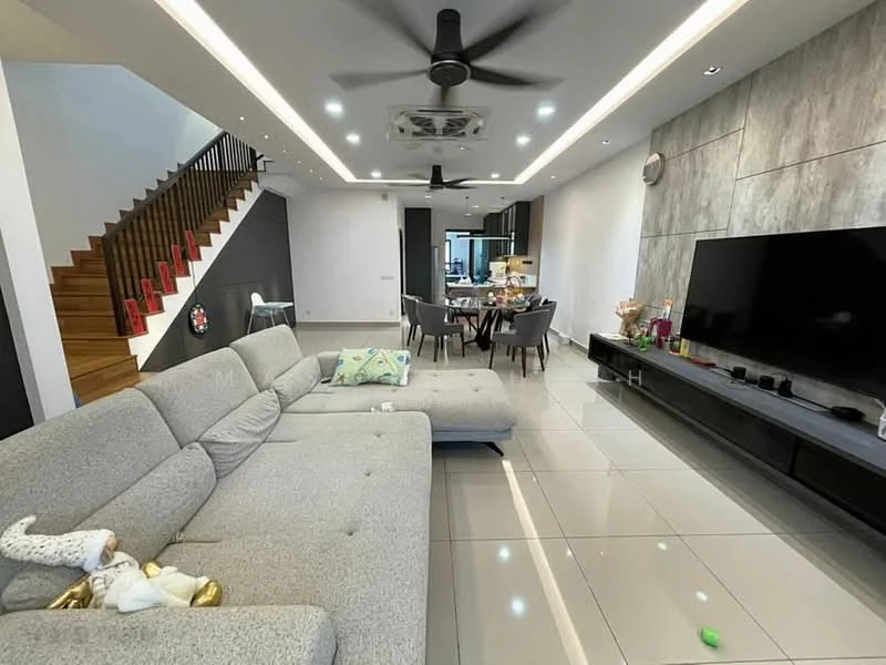 Living features: grey fabric L-shape sectional sofa, coffee table, wall-mounted TV, entertainment unit, recessed LED downlights, 5-blade ceiling fan, large floor-to-ceiling windows, polished ceramic tile flooring, decorative wall with stone cladding, dining area visible in background, staircase with wooden steps, wall clock; style: modern.