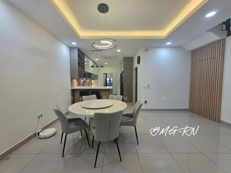 Dining features: round dining table, 4 upholstered dining chairs, white walls, recessed ceiling lights, LED strip lighting, grey tiled flooring, built-in cabinetry, kitchen visible in background, robot vacuum cleaner, wood panel accent wall; style: modern.