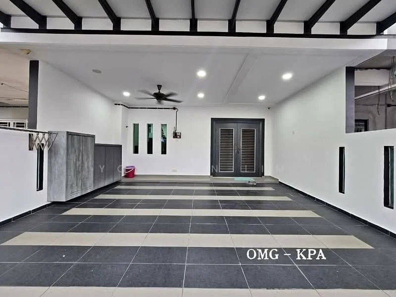 Exterior features: white painted walls, black tiled flooring, ceiling fan, sliding glass doors, vertical windows, open layout, grey cabinetry, manicured space; style: modern.