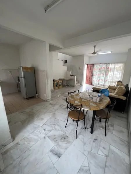 Living features: marble flooring, white painted walls, 5-blade ceiling fan, sofa in beige, coffee table, dining table with four chairs, sliding glass door, curtains with floral pattern, staircase leading to upper floor, fridge, open layout; style: modern. Kitchen features: white cabinetry, tile backsplash, sink, stainless-steel appliances; style: modern.