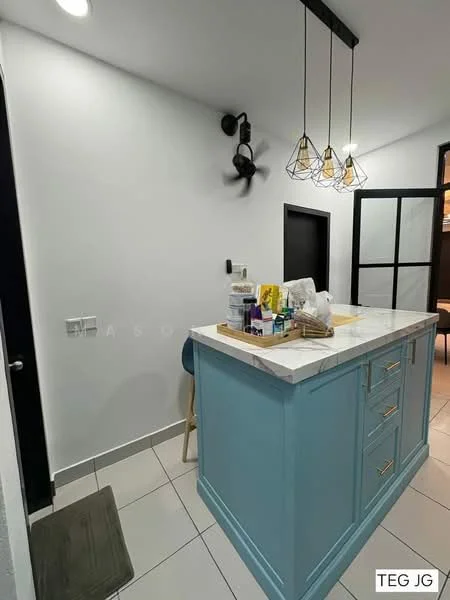 Kitchen features: blue cabinetry, white marble countertop, pendant lighting with geometric design, stainless-steel sink, chrome faucet, bar stools, wall-mounted fan, white painted walls, tile flooring, open shelving, kitchen island; style: modern.