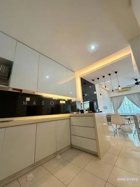Kitchen features: white cabinetry with flat-panel doors, white countertop, black backsplash, stainless-steel sink, chrome faucet, built-in oven, recessed downlights, tile flooring, open layout to dining area, pendant lighting, floor-to-ceiling windows with sheer curtains; style: modern.