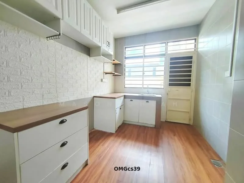 Kitchen features: white cabinetry with flat-panel doors, wooden countertop, single-bowl stainless-steel sink, chrome pull-down faucet, tile backsplash with textured pattern, window with horizontal bars, light grey tiled walls, laminate flooring in wood finish, built-in shelving, door leading to exterior; style: modern.