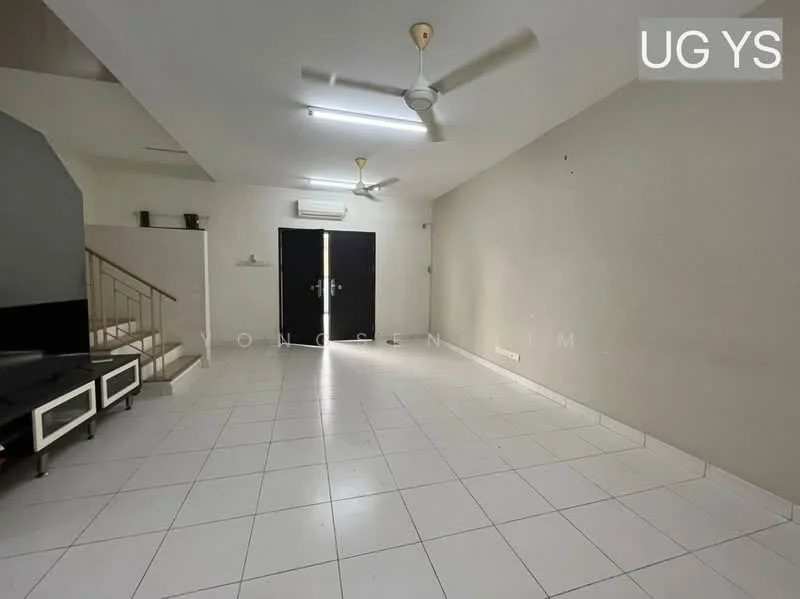 Living features: white painted walls, white tiled flooring, ceiling fan, 2 ceiling lights, double-door entrance, staircase leading to upper floor, black TV console, air conditioning unit.
