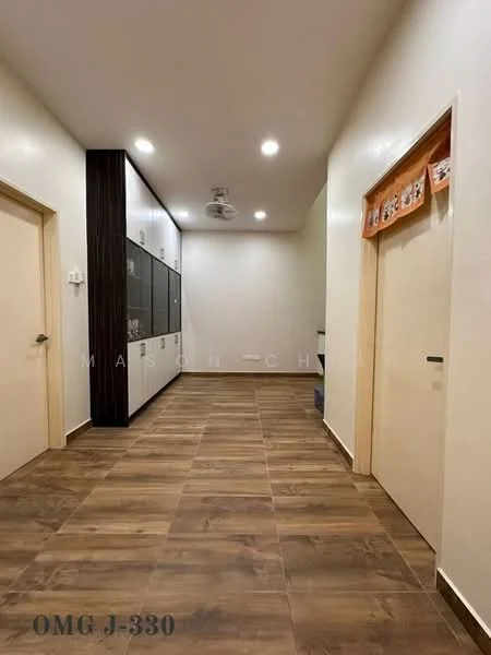 Hallway features: wood-look tile flooring, white painted walls, dark wood accent wall, recessed ceiling lights, ceiling fan, two doors, glass-front cabinets, decorative wall hanging; style: modern.