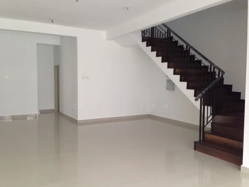 Room features: white painted walls, polished ceramic tile flooring, wooden staircase with black railing, recessed downlights, open layout, no visible furniture, large windows for natural light, neutral color scheme; style: modern.