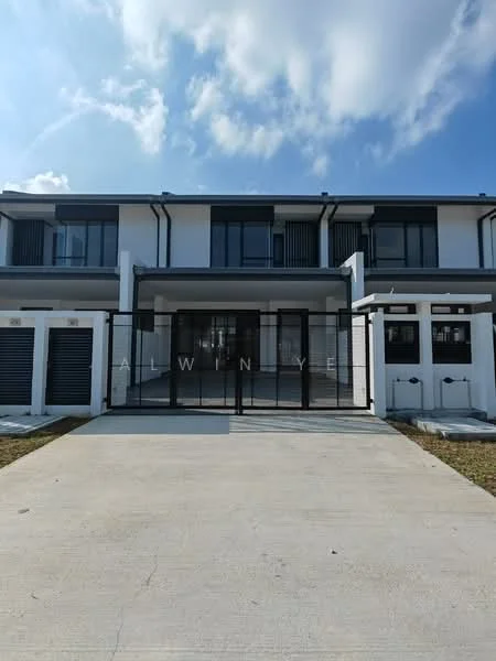 Exterior type: linked terrace house; features: two-storey building, white painted facade, grey accents, gated entrance, driveway with concrete surface, manicured lawn, balconies on upper floor, visible garage doors, modern architectural design; style: modern.