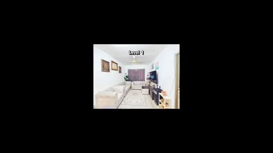 Living features: 3-seater fabric sofa in beige, area rug with geometric pattern, wall-mounted TV, TV console, decorative mirror, framed artwork, ceiling fan with light, curtains, plant in pot, wooden shelving unit; style: modern.