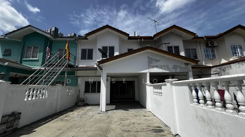 Exterior type: linked terrace house; features: two-storey building, white painted facade, red tiled roof, balcony with railing, external staircase, car porch, visible air conditioning units, manicured front garden, concrete driveway, satellite dish, flag poles, surrounding greenery; style: modern.