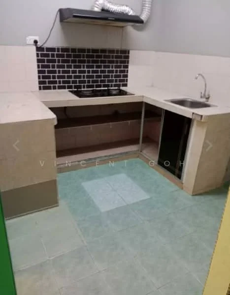 Kitchen features: L-shaped countertop, stainless-steel sink, chrome pull-down faucet, black tiled backsplash, built-in gas hob, extraction hood, light-colored cabinetry, green tiled flooring, wall-mounted ventilation duct; style: modern.