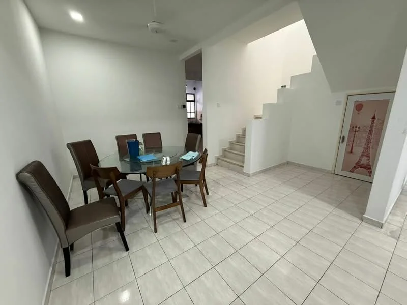 Dining features: glass dining table, 6 wooden dining chairs with upholstered seats, white painted walls, tile flooring, ceiling fan, staircase leading to upper floor, decorative door with Eiffel Tower design, natural light from windows; style: modern.