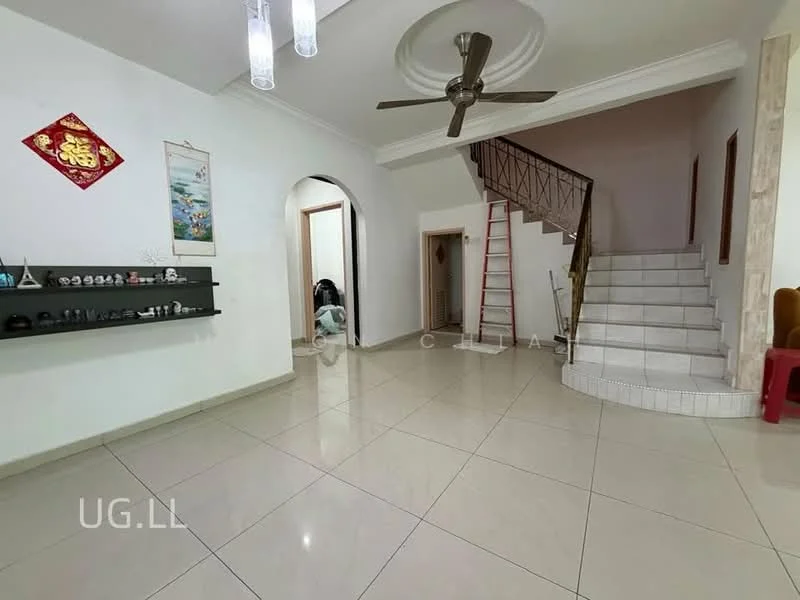 Living features: white painted walls, glossy tile flooring, 5-blade ceiling fan with light, arched doorway, decorative wall shelf, staircase with metal railing, large windows, neutral color scheme; style: modern. Room features: staircase leading to upper floor, ladder against wall.