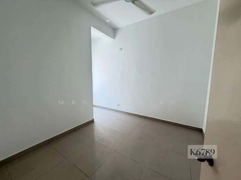 Room features: white painted walls, tile flooring, ceiling fan, natural light from window, corner of room, door leading to another space.