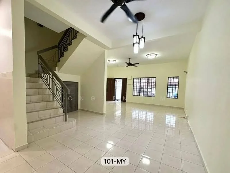 Living features: white painted walls, glossy ceramic tile flooring, 5-blade ceiling fan with light, 2 ceiling lights, staircase with metal railing, large windows with grilles, open layout, neutral color scheme; style: modern.