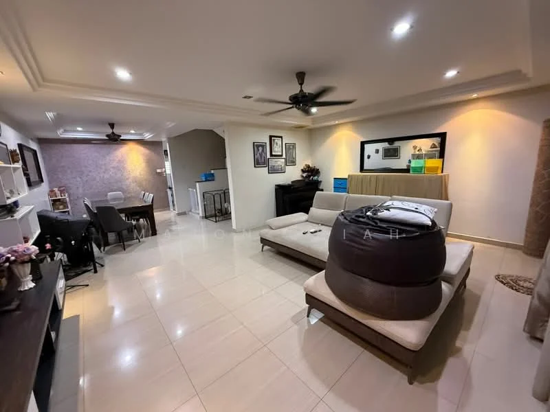 Living features: 3-seater fabric sofa in beige, coffee table, wall-mounted TV, entertainment unit, area rug, ceiling fan, recessed downlights, decorative wall art, cream painted walls, tile flooring, open layout to dining area; style: modern. Dining features: 6-seater dining table, upholstered dining chairs, sideboard, decorative wall art, tile flooring; style: modern.