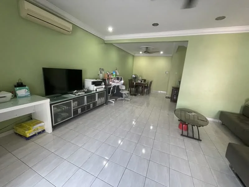 Living features: light green painted walls, glossy ceramic tile flooring, ceiling fan, wall-mounted air conditioning unit, large flat-screen TV on white console, glass coffee table, grey fabric sofa, dining table with chairs, work desk with computer setup, decorative items on console; style: modern.