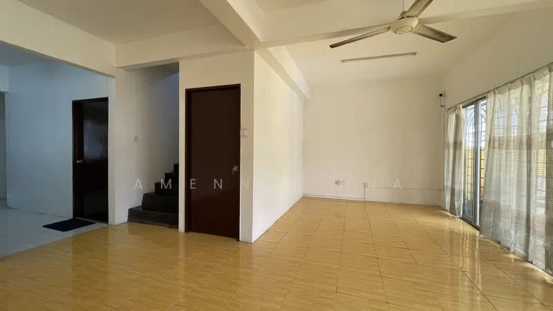 Living features: wooden flooring, white painted walls, 5-blade ceiling fan, floor-to-ceiling windows with sheer curtains, sliding glass door, natural light from windows, open layout, access to outdoor space; style: modern. Room features: white painted walls, wooden staircase, door leading to another room.