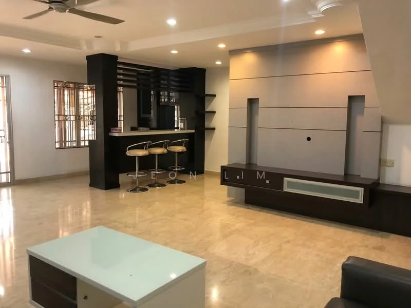 Living features: marble tile flooring, white painted walls, recessed downlights, ceiling fan, built-in shelving unit, TV console with wall mount, bar counter with stools, large windows with security bars, neutral color palette, open layout, decorative wall paneling; style: modern.