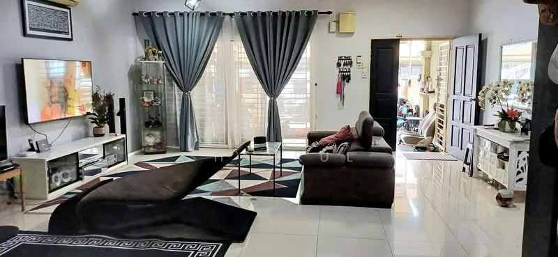 Living features: white painted walls, glossy tile flooring, 5-blade ceiling fan with light, wall-mounted TV, TV console, L-shape sectional sofa in dark brown, coffee table, area rug with geometric pattern, decorative mirror, curtains in grey, shelves with decorative items, sliding glass door, access to outdoor space; style: contemporary.