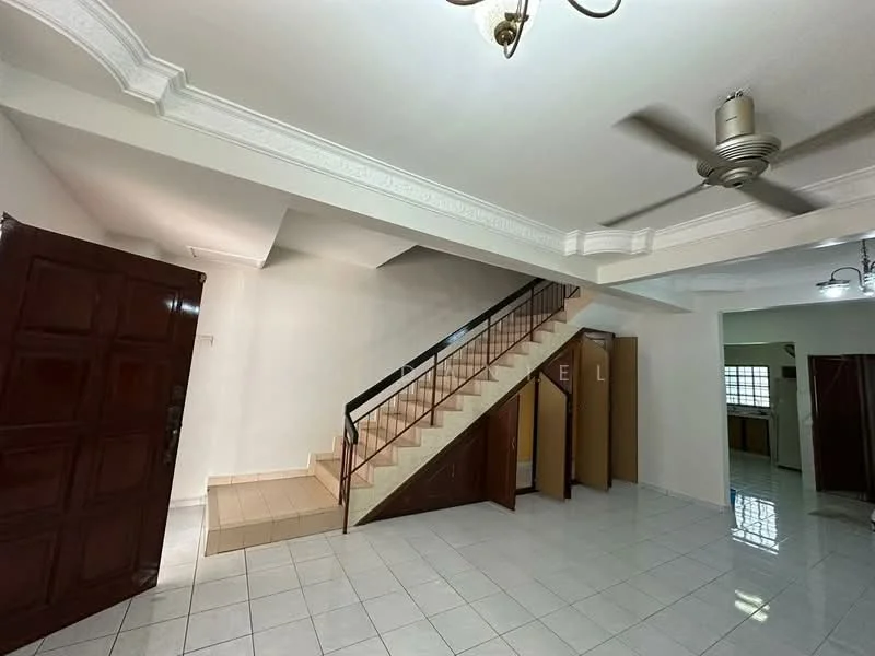 Living features: white painted walls, white tiled flooring, tray ceiling, ceiling fan, staircase with wooden railing, door leading to exterior, built-in cabinets, natural light from windows; style: modern. Kitchen features: white painted walls, white tiled flooring, window for natural light, door leading to pantry or storage; style: modern.