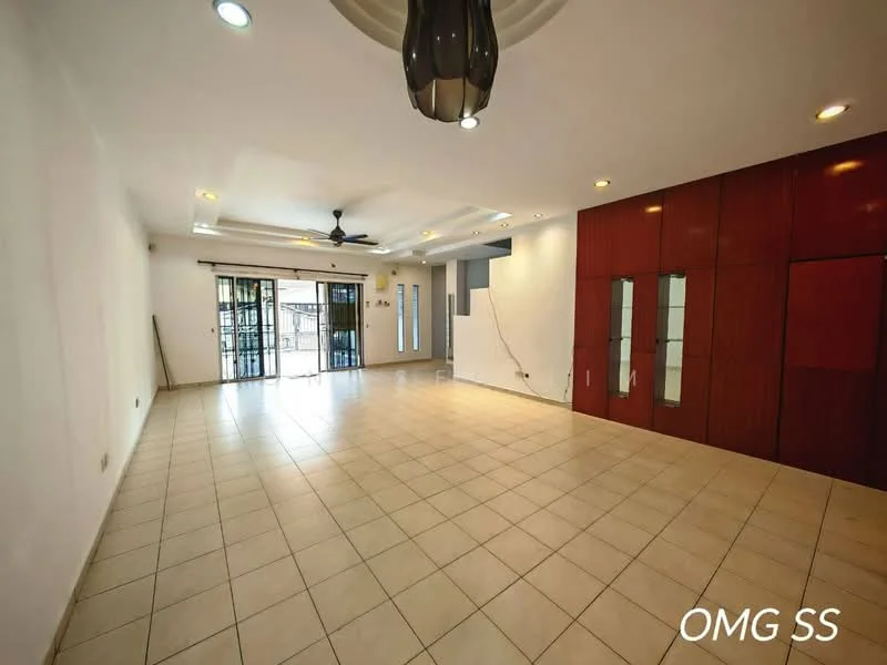 Living features: cream painted walls, tile flooring, 5-blade ceiling fan with light, recessed downlights, large sliding glass door, built-in wooden cabinets with glass doors, open layout, natural light from windows, neutral color scheme; style: modern.