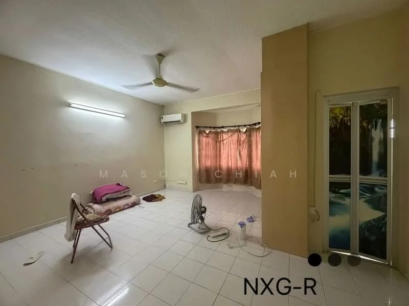 Living features: white painted walls, white tiled flooring, 5-blade ceiling fan, wall-mounted split AC, large window with sheer curtains, curtains in brown, floor fan, seating area with mattress, decorative wall with nature scene, light fixture on ceiling.