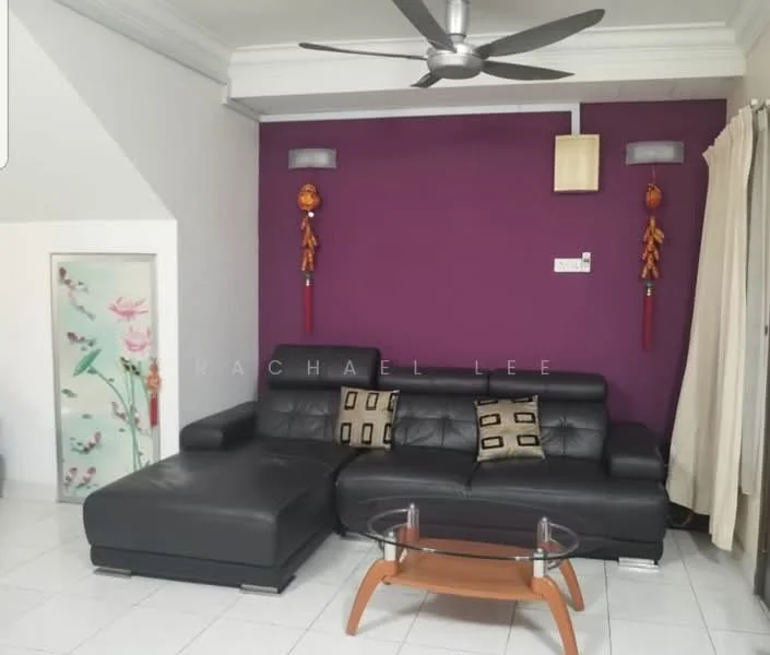 Living features: black leather sectional sofa, decorative cushions, glass coffee table, white tiled flooring, purple accent wall, white ceiling with crown moulding, 5-blade ceiling fan, wall-mounted light fixtures, curtains, decorative wall hangings; style: modern.