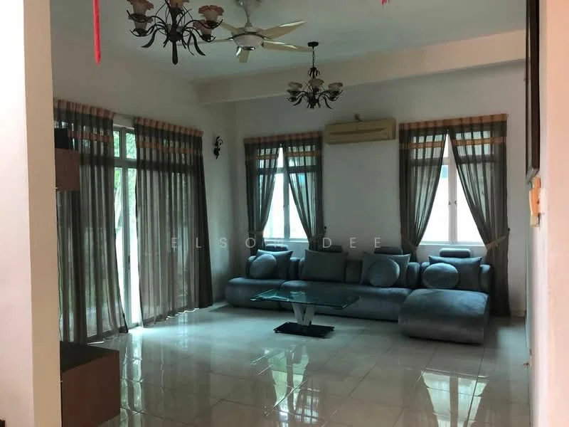 Living features: grey fabric L-shape sectional sofa, glass coffee table, 2 ceiling fans, 3-blade ceiling fan, chandelier with multiple bulbs, floor-to-ceiling windows, sheer curtains, blackout curtains, cream painted walls, glossy tile flooring, air conditioning unit; style: contemporary; view: garden.