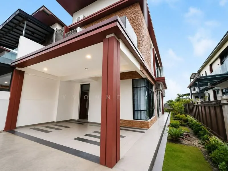 Exterior type: detached bungalow; features: red painted facade, exposed brick accents, flat roof, manicured lawn, stone-paved walkway, large windows, covered porch, landscaped garden, modern architectural design; style: modern.