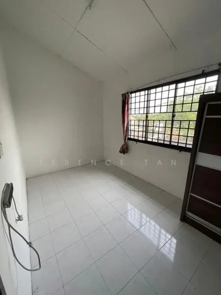 Room features: white painted walls, white tiled flooring, large windows with black metal grills, curtains in red, built-in wardrobe with wood finish, ceiling with exposed beams, light fixture on ceiling, power outlet on wall; style: minimalist; view: garden.