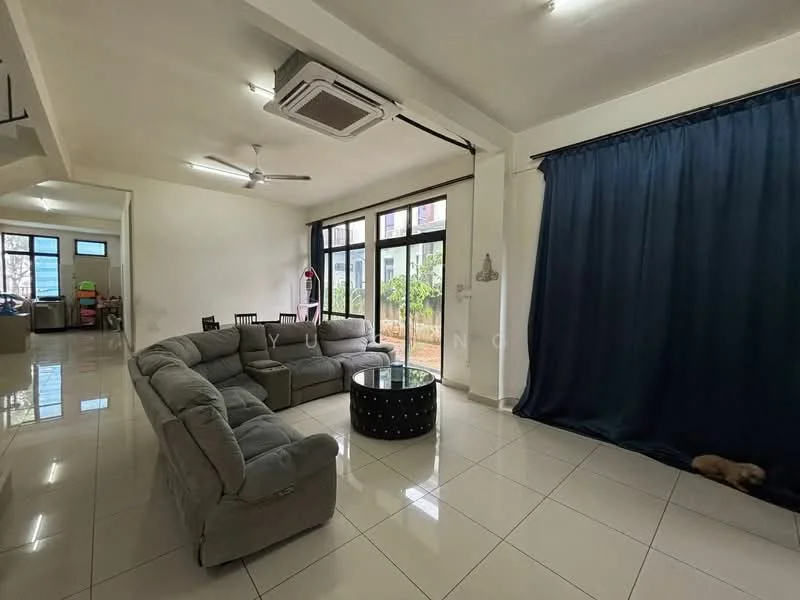 Living features: L-shape sectional sofa in grey, round coffee table with black base, white tiled flooring, floor-to-ceiling windows, ceiling-mounted air conditioning unit, 5-blade ceiling fan, curtains in dark blue, decorative wall with plants visible through windows; style: modern; view: garden.