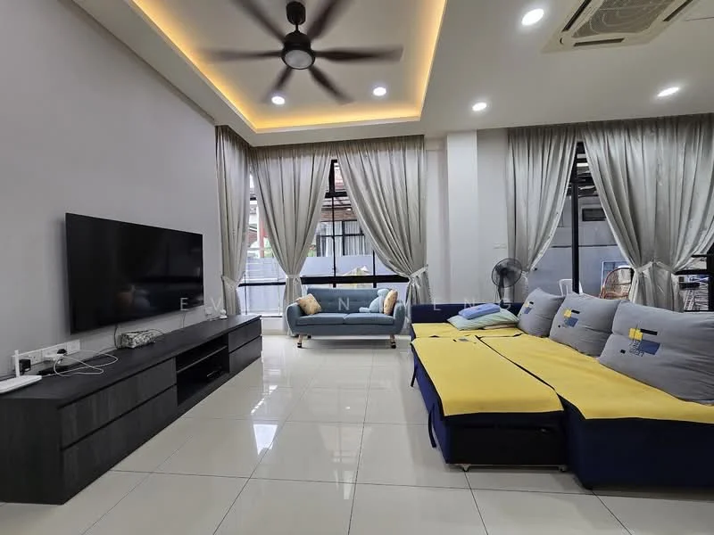 Living features: 5-blade ceiling fan with light, recessed downlights, grey painted walls, white ceiling with crown moulding, large floor-to-ceiling windows, sheer curtains, white tiled flooring, L-shape sectional sofa in blue and yellow, TV console in dark wood, wall-mounted TV, decorative cushions, area rug, freestanding fan; style: modern.