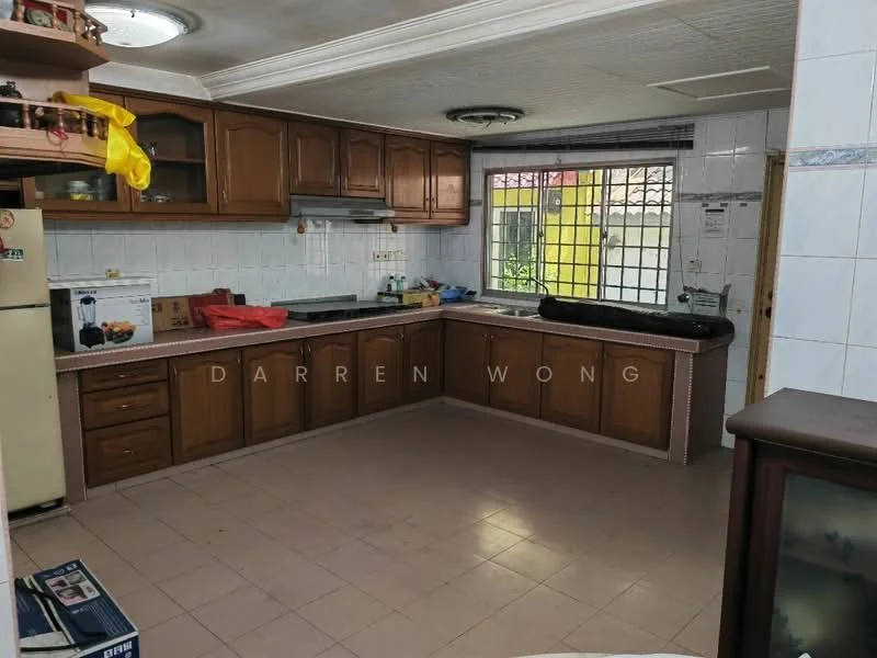 Kitchen features: brown wooden cabinetry, granite countertop, single-bowl stainless-steel sink, chrome pull-down faucet, built-in oven, freestanding range oven, white tiled backsplash, ceramic tile flooring, window with security bars, recessed ceiling lights, exhaust hood, open shelving, kitchen island, fridge, wall-mounted cabinets; style: modern.