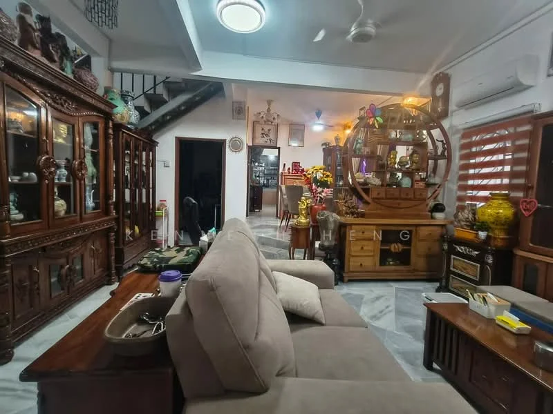 Living features: 3-seater fabric sofa in beige, wooden coffee table, wooden side table, marble flooring, ceiling fan with light, wall-mounted air conditioning unit, decorative wooden cabinet, glass display cabinet, decorative items on shelves, artwork on walls, window with blinds; style: traditional.