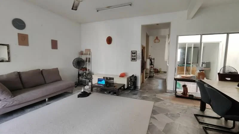 Living features: grey fabric sofa, area rug, wall-mounted clock, wall art, ceiling fan, TV console, flat-screen TV, marble flooring, large windows, open layout, natural light, decorative mirror; style: modern. Room features: open doorway, visible hallway, light fixture, wooden shelving, pet enclosure.