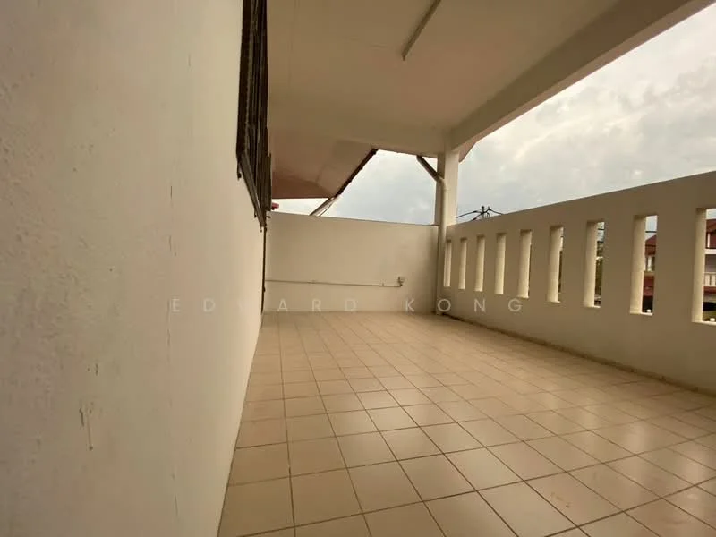 Room features: white painted walls, tiled flooring, railing with vertical openings, overhead lighting, outdoor space, covered area, no visible furniture, open view.