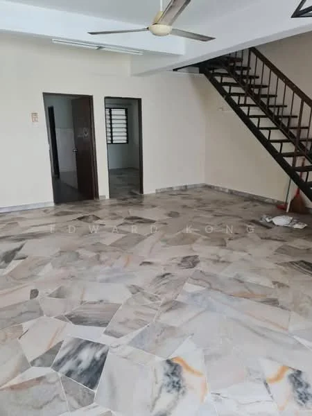 Room features: marble flooring, cream painted walls, ceiling fan, staircase with wooden railing, doorway leading to another room, doorway leading to a hallway, large open space, natural light from windows; style: modern.