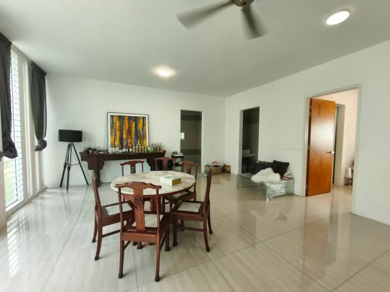 Dining features: round dining table, wooden dining chairs, white walls, large windows with sheer curtains, polished tile flooring, ceiling fan, decorative artwork on wall, open layout to living area; style: modern; view: garden. Room features: white walls, polished tile flooring, doorway leading to another room, doorway leading to hallway.