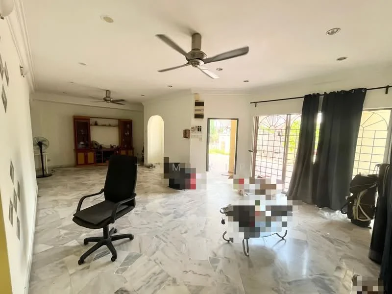 Living features: marble flooring, 5-blade ceiling fan, large windows with black curtains, white painted walls, wooden shelving unit, black office chair, coffee table, decorative wall art; style: modern; view: garden.