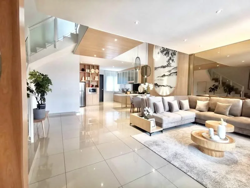 Living features: large sectional sofa in beige, coffee table with round wooden top, area rug with soft texture, wall-mounted TV, decorative wall art with nature theme, recessed downlights, floor-to-ceiling windows, potted plant in ceramic pot, open layout to kitchen, polished ceramic tile flooring, wooden accent wall, pendant light fixture; style: modern. Kitchen features: kitchen island with seating, stainless-steel fridge, built-in oven, ceramic tile backsplash, white cabinetry, granite countertop, microwave, recessed lighting; style: modern.