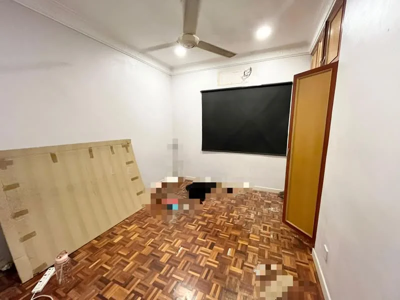 Room features: wooden parquet flooring, white painted walls, ceiling fan, black roller blinds, window, door, unfurnished, decorative wall trim.