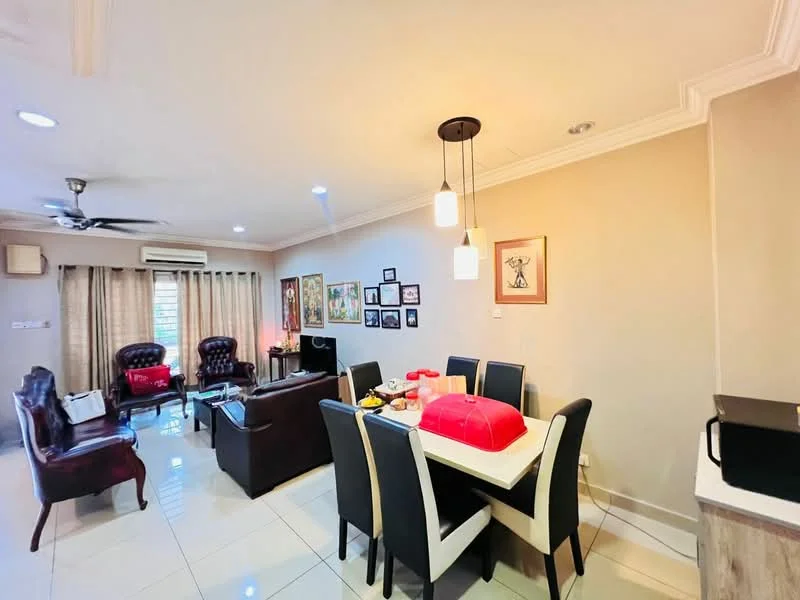 Living features: white painted walls, glossy tile flooring, 5-blade ceiling fan with light, recessed downlights, sofa in dark leather, 2 armchairs in dark leather, dining table with 6 chairs, decorative wall art, curtains, coffee table, TV console, microwave, fruit bowl on table; style: contemporary.