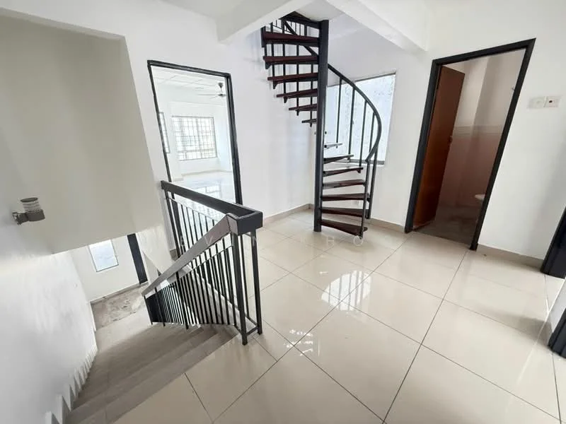 Room features: spiral staircase, glossy ceramic tile flooring, white painted walls, black metal railing, large windows allowing natural light, doorway leading to another room, doorway leading to bathroom, open layout, high ceiling; style: modern.