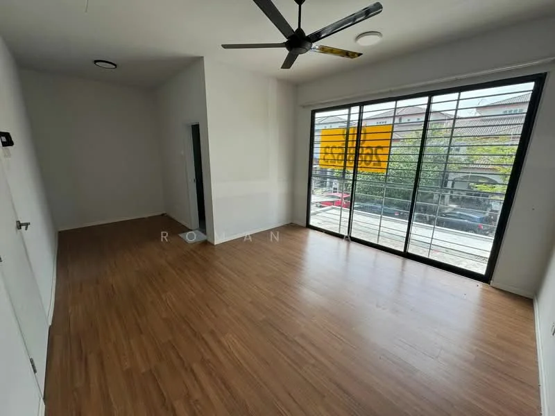 Room features: laminate flooring, white painted walls, 5-blade ceiling fan, large floor-to-ceiling windows, black window frames, natural light, view of street, no visible furniture; style: modern; view: street.