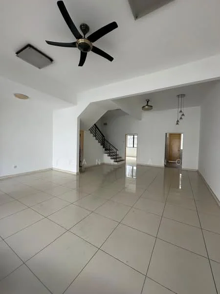Living features: white painted walls, polished ceramic tile flooring, 5-blade ceiling fan, recessed downlights, pendant lighting, staircase with metal railing, large windows, open layout; style: modern.