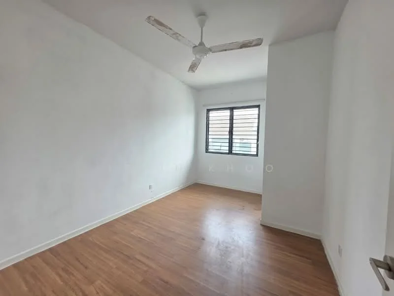 Room features: white painted walls, wooden flooring, ceiling fan, window with horizontal slats, natural light from window.