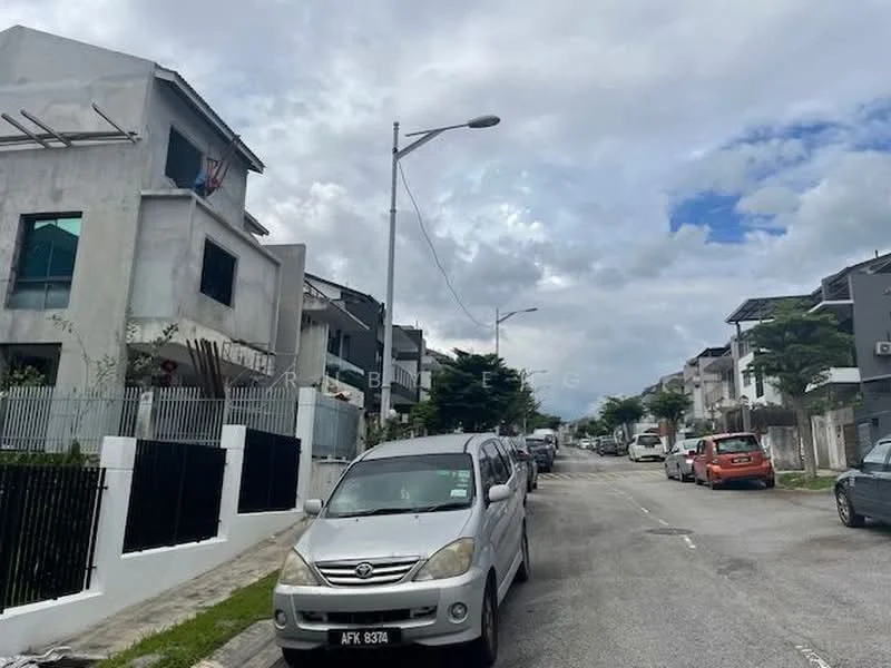 Exterior type: linked terrace house; features: white painted facade, grey painted facade, two-storey buildings, manicured lawn, paved walkway, street lighting, surrounded by greenery, driveway with interlocking pavers; style: modern.
