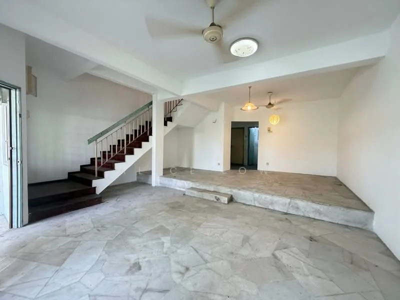 Living features: marble tile flooring, white painted walls, ceiling fan, 2 pendant lights, staircase with wooden steps, open layout, natural light from windows, step-up area, no visible furniture; style: minimalist.