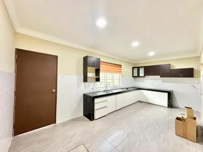 Kitchen features: black granite countertop, white lower cabinets, dark wood upper cabinets, stainless-steel sink, chrome pull-down faucet, tile backsplash, ceramic tile flooring, recessed LED downlights, window with blinds, open layout, corner pantry, space for refrigerator; style: modern.
