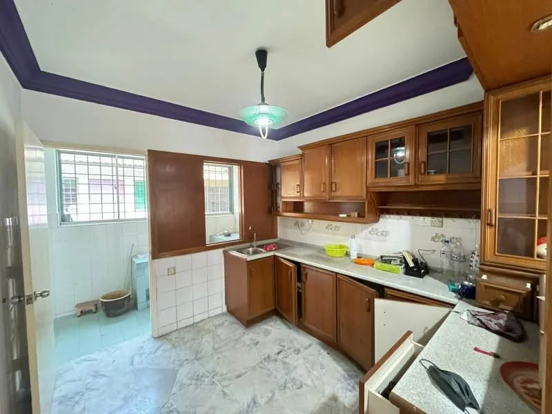 Kitchen features: wood cabinetry, white countertop, double-bowl stainless-steel sink, chrome pull-down faucet, built-in oven, freestanding range oven, ceramic tile flooring, white tiled walls, window with metal grille, ceiling light fixture, purple accent ceiling, kitchen island, open shelving; style: traditional.